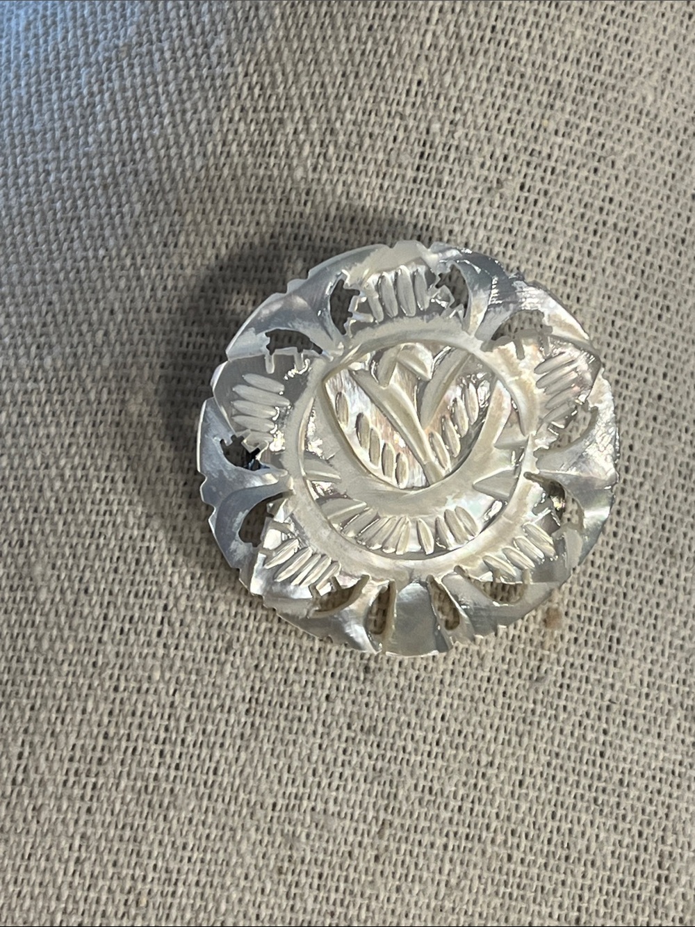 Bethlehem Signed Carved Mother of Pearl Floral Brooch- Iridescent White